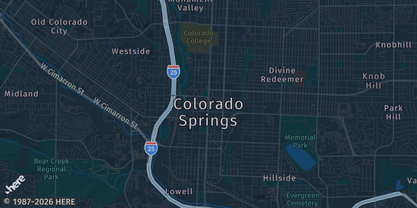 Map of Colorado Springs, CO. The exact address of Colorado Springs Comic Con is not known, so the map shows the area rather than a specific building.