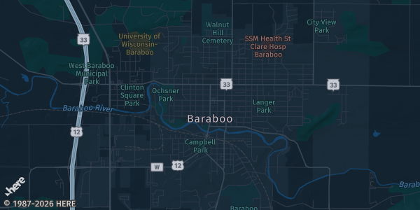 Map of Baraboo, WI. The exact address of Kalahari Resorts & Conventions - Wisconsin Dells is not known, so the map shows the area rather than a specific building.