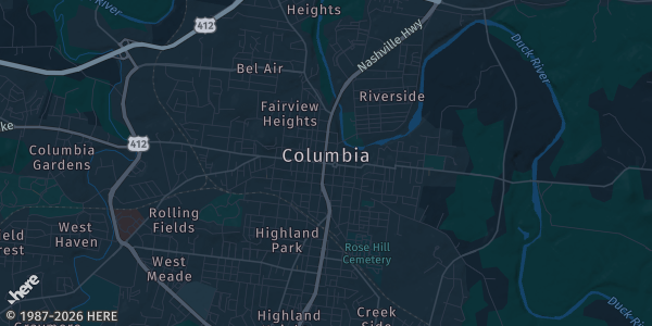 Map of Columbia, TN. The exact address of Columbia National Guard Armory is not known, so the map shows the area rather than a specific building.
