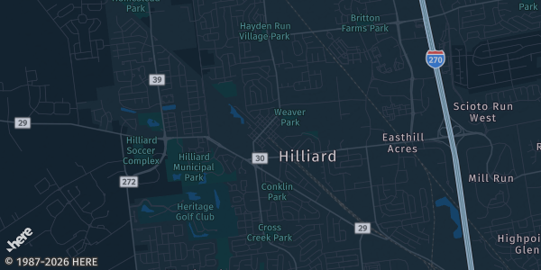 Map of Hilliard, OH. The exact address of Franklin County Fairgrounds is not known, so the map shows the area rather than a specific building.