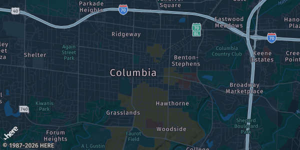 Map of Columbia, MO. The exact address of Columbia Mall is not known, so the map shows the area rather than a specific building.