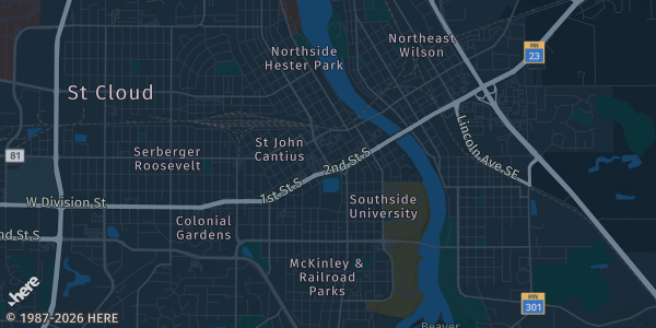 Map of St Cloud, MN. The exact address of Crossroads Center Mall is not known, so the map shows the area rather than a specific building.