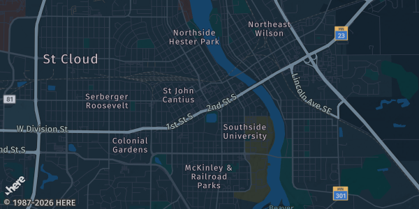 Map of St Cloud, MN. The exact address of Crossroads Center Mall is not known, so the map shows the area rather than a specific building.