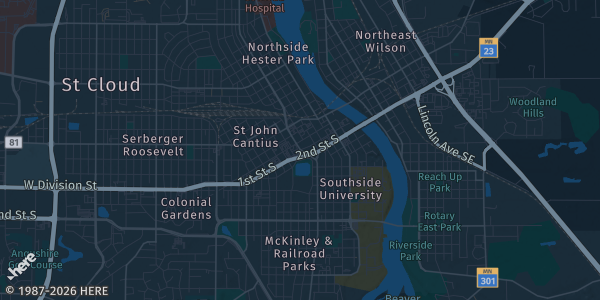 Map of St Cloud, MN. The exact address of Crossroads Center Mall is not known, so the map shows the area rather than a specific building.