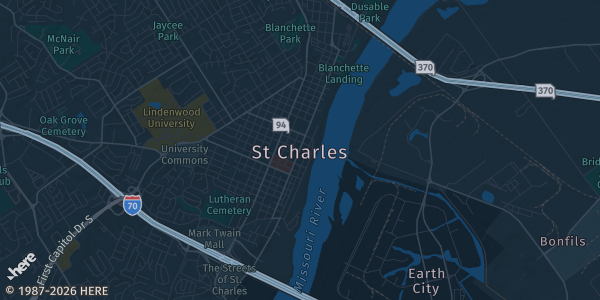 Map of St. Charles, MO. The exact address of Steel Shop Event Center is not known, so the map shows the area rather than a specific building.