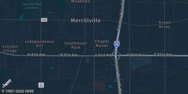 Map of Merrillville, IN. The exact address of Southlake Mall is not known, so the map shows the area rather than a specific building.