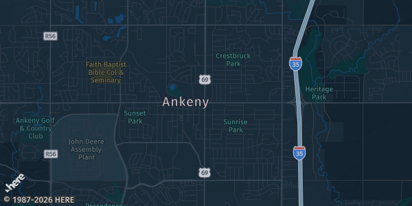 Map of Ankeny, IA. The exact address of Holiday Inn Express is not known, so the map shows the area rather than a specific building.