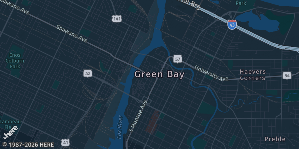 Map of Green Bay, WI. The exact address of D2 Sports Pub Stadium District is not known, so the map shows the area rather than a specific building.