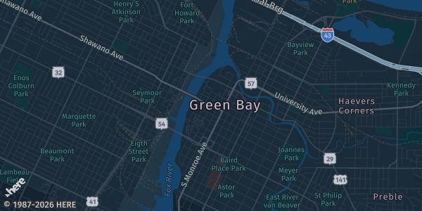 Map of Green Bay, WI. The exact address of D2 Sports Pub Stadium District is not known, so the map shows the area rather than a specific building.