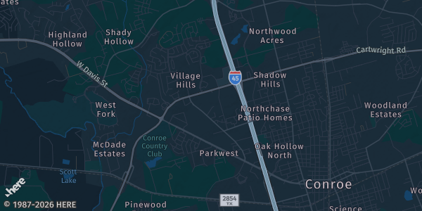Map of Conroe, TX. The exact address of Hyatt Regency Conroe (1001 Grand Central Pkwy) — hours VERIFY is not known, so the map shows the area rather than a specific building.