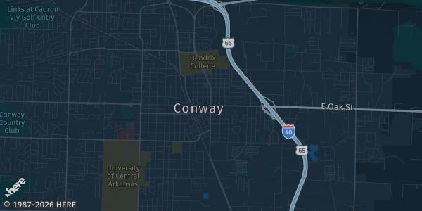 Map of Conway, AR. The exact address of Conway Expo Center is not known, so the map shows the area rather than a specific building.