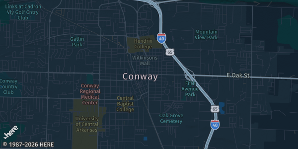 Map of Conway, AR. The exact address of Conway Expo Center is not known, so the map shows the area rather than a specific building.