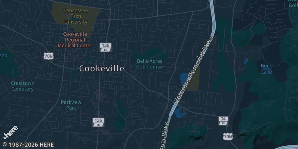 Map of Cookeville, TN. The exact address of Cookeville Community Center is not known, so the map shows the area rather than a specific building.