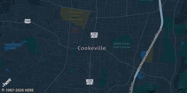 Map of Cookeville, TN. The exact address of Avery Trace Middle School is not known, so the map shows the area rather than a specific building.