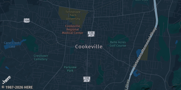 Map of Cookeville, TN. The exact address of Avery Trace Middle School is not known, so the map shows the area rather than a specific building.