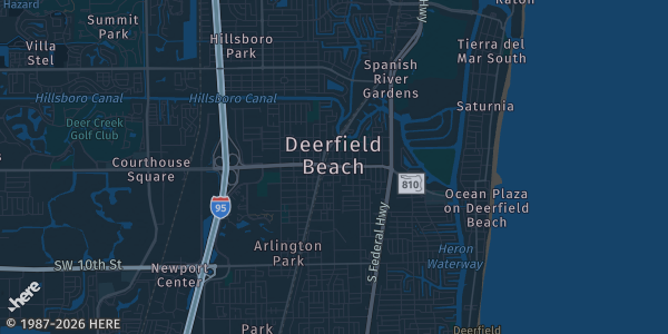 Map of Deerfield Beach, FL. The exact address of Tribe Volleyball is not known, so the map shows the area rather than a specific building.