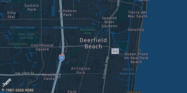 Map of Deerfield Beach, FL. The exact address of Tribe Volleyball is not known, so the map shows the area rather than a specific building.