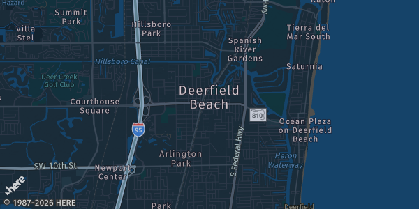 Map of Deerfield Beach, FL. The exact address of Reign Volleyball Club is not known, so the map shows the area rather than a specific building.
