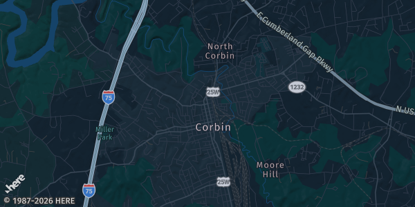 Map of Corbin, KY. The exact address of Corbin Civic Center is not known, so the map shows the area rather than a specific building.
