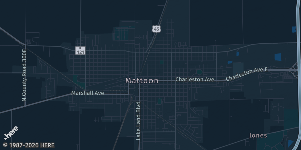 Map of Matoon, IL. The exact address of Emerald Acres Sports Complex is not known, so the map shows the area rather than a specific building.