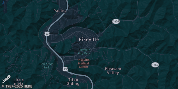 Map of Pikeville, KY. The exact address of Appalachian Wireless Arena is not known, so the map shows the area rather than a specific building.