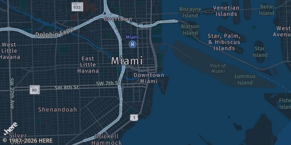 Map of Miami, FL. The exact address of James L. Knight Center – Miami Hyatt Regency is not known, so the map shows the area rather than a specific building.