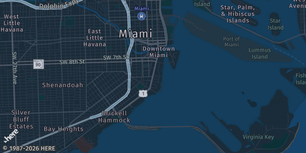 Map of Miami, FL. The exact address of James L. Knight Center - Miami Hyatt Regency is not known, so the map shows the area rather than a specific building.