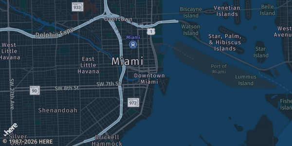 Map of Miami, FL. The exact address of James L. Knight Center – Miami Hyatt Regency is not known, so the map shows the area rather than a specific building.