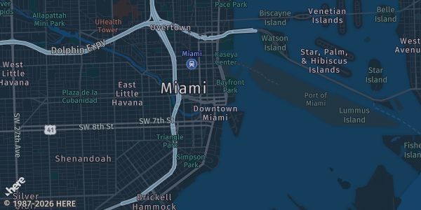 Map of Miami, FL. The exact address of James L. Knight Center – Miami Hyatt Regency is not known, so the map shows the area rather than a specific building.