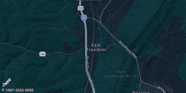 Map of East Freedom, PA. The exact address of East Freedom Fire Hall is not known, so the map shows the area rather than a specific building.
