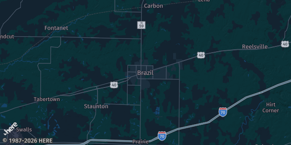 Map of Brazil, IN. The exact address of Brazil VFW Post 1127 is not known, so the map shows the area rather than a specific building.