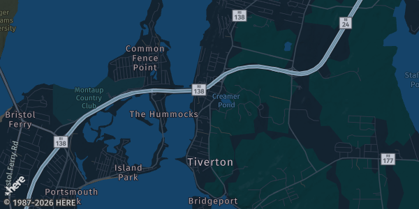 Map of Tiverton, RI. The exact address of VFW Post #5392 is not known, so the map shows the area rather than a specific building.