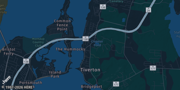 Map of Tiverton, RI. The exact address of VFW Post #5392 is not known, so the map shows the area rather than a specific building.