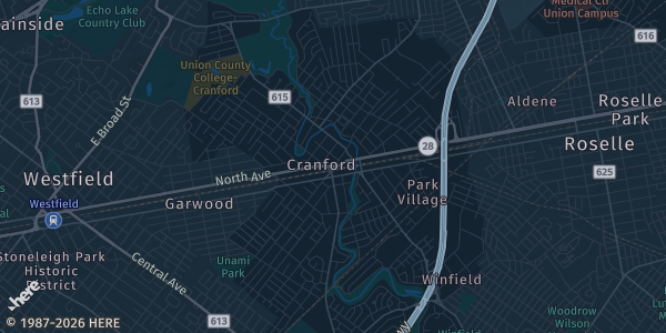 Map of Cranford, NJ. The exact address of 140 Bryant Ave. is not known, so the map shows the area rather than a specific building.