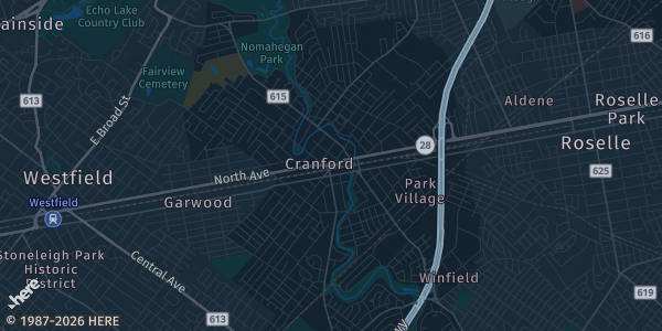 Map of Cranford, NJ. The exact address of Cranford Performance Institute (CPI) is not known, so the map shows the area rather than a specific building.