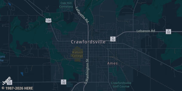 Map of Crawfordsville, IN. The exact address of Montgomery County Fairgrounds is not known, so the map shows the area rather than a specific building.
