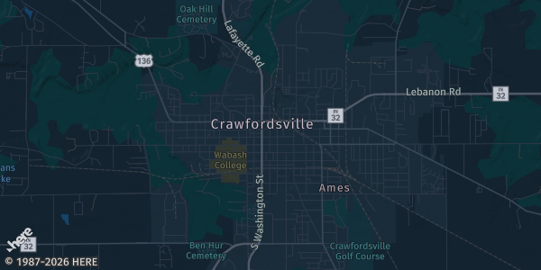 Map of Crawfordsville, IN. The exact address of Montgomery County Fairgrounds is not known, so the map shows the area rather than a specific building.