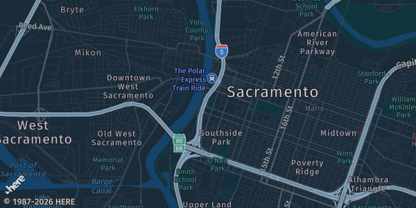 Map of Sacramento, CA. The exact address of Crocker Art Museum is not known, so the map shows the area rather than a specific building.