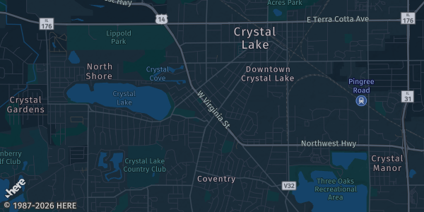 Map of Crystal Lake, IL. The exact address of ELARA Convention Center is not known, so the map shows the area rather than a specific building.