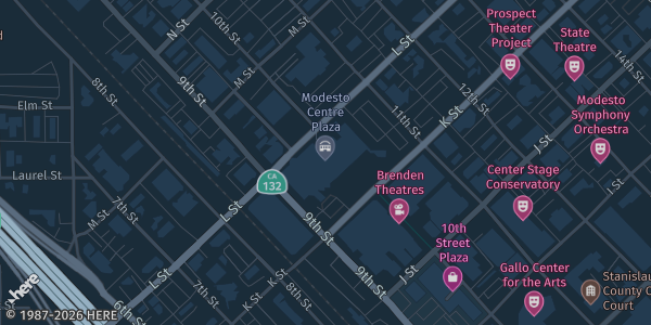 Map showing Modesto Centre Plaza, 1001 K St in Modesto, CA.