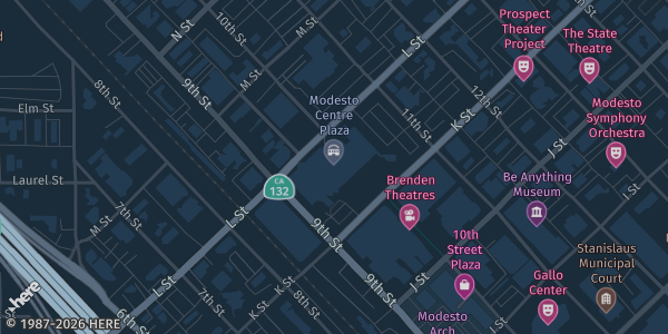 Map showing Modesto Centre Plaza, 1001 K St in Modesto, CA.