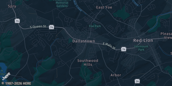 Map of Dallawstown, PA. The exact address of Dallastown Fire Company is not known, so the map shows the area rather than a specific building.
