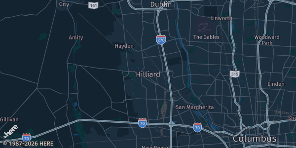 Map of Hilliard, OH. The exact address of Darby High School is not known, so the map shows the area rather than a specific building.