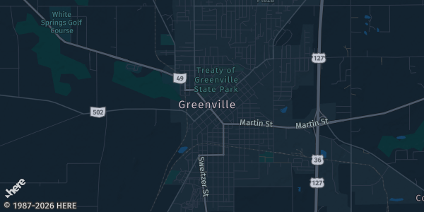 Map of Greenville, OH. The exact address of Greenville Middle School is not known, so the map shows the area rather than a specific building.