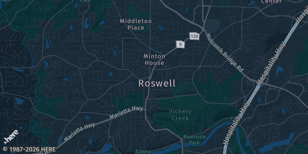 Map of Roswell, GA. The exact address of Dave's Sports Cards is not known, so the map shows the area rather than a specific building.