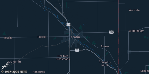 Map of Decatur, IN. The exact address of Decatur Riverside Center is not known, so the map shows the area rather than a specific building.