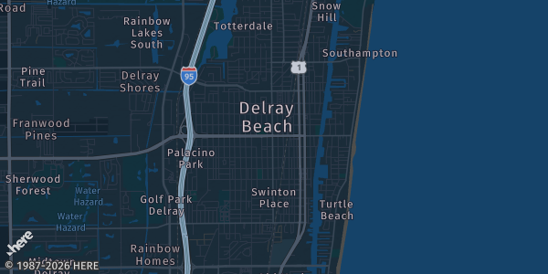 Map of Delray Beach, FL. The exact address of Elks Lodge is not known, so the map shows the area rather than a specific building.