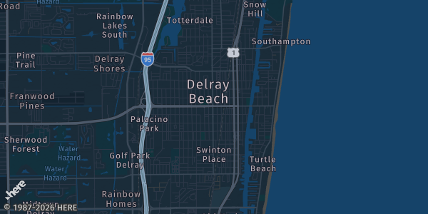 Map of Delray Beach, FL. The exact address of Elks Lodge is not known, so the map shows the area rather than a specific building.