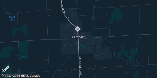 Map of Almont, MI. The exact address of The Bells Event Center is not known, so the map shows the area rather than a specific building.