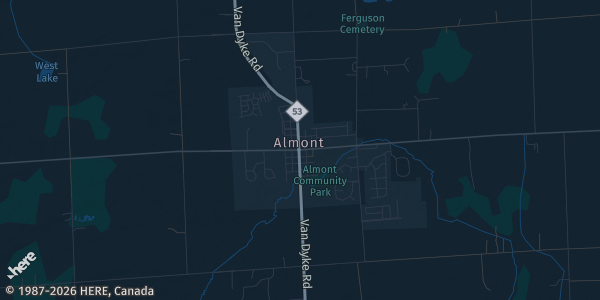 Map of Almont, MI. The exact address of The Bells Event Center is not known, so the map shows the area rather than a specific building.